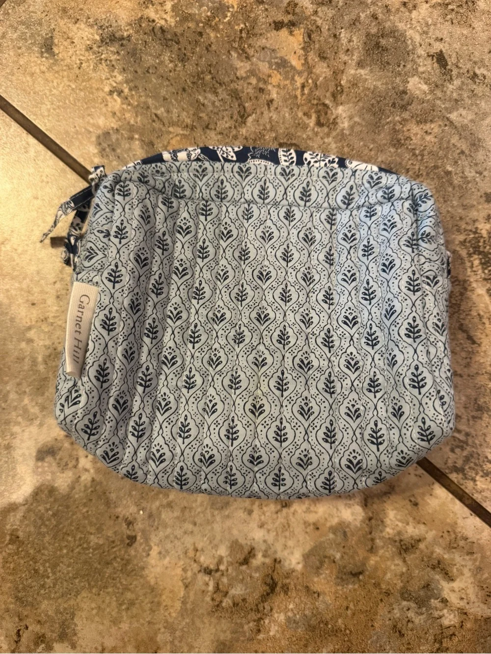 Garnet Hill quilted cosmetic bag set of (2) vibrant navy and white floral